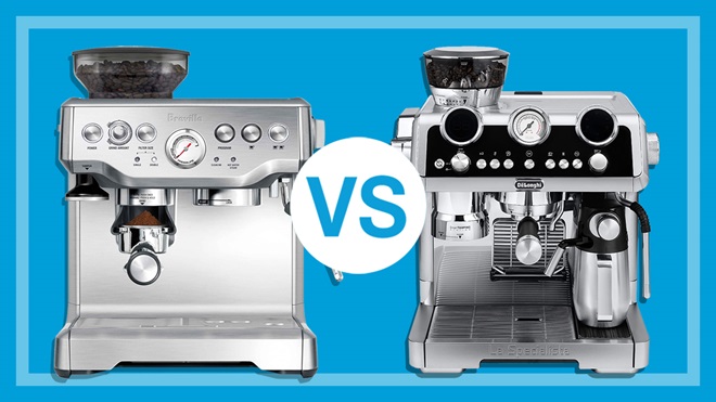 breville and delonghi coffee machines side by side